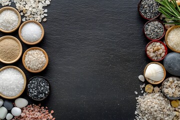 Obraz na płótnie Canvas various multivitamin supplements, and powder bowls filled with rocks or sea shells