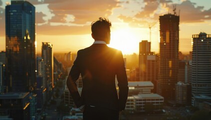A man standing on top of a tall building. Suitable for concepts like success, achievement, urban lifestyle, and overcoming challenges