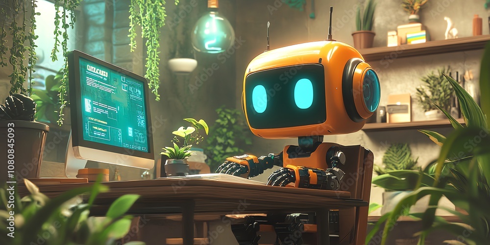 Fototapete A friendly robot sits at a desk in a home office, working on a computer with a green screen. There are plants in the background.