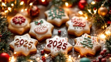 Macro shot of a frosted cookie with elegant 2025 decorations, surrounded by festive holiday ornaments, garlands, and glowing, warm sparkling lights