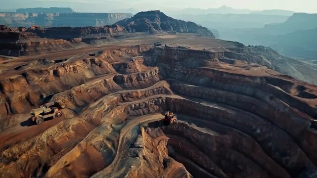 Heavy mining trucks transport ore at an open pit mine, showcasing the development of copper extraction. The mining industry thrives in this dynamic landscape