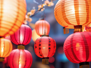 Fototapeta premium Generated digital illustration of chinese lanterns with chinese new year theme background.