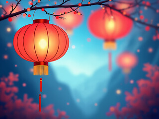 Obraz premium Generated digital illustration of chinese lanterns with chinese new year theme background.