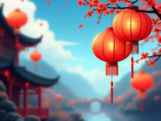Generated digital illustration of chinese lanterns with chinese new year theme background.