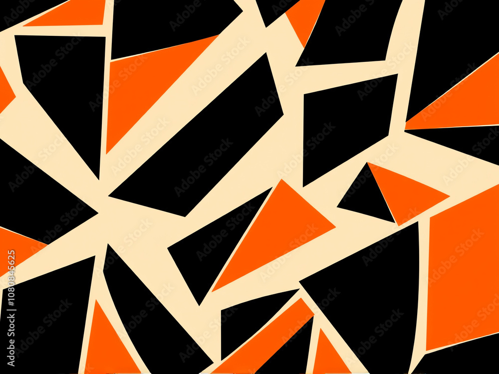 Poster abstract geometric pattern featuring orange, black, and beige shapes arranged dynamically on a light