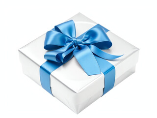 Obraz premium wrapped silver gift box adorned with a blue satin ribbon, perfect for any special occasion or celebration