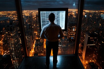 Fototapeta premium Executive viewing a financial presentation on a large monitor modern workspace with city view