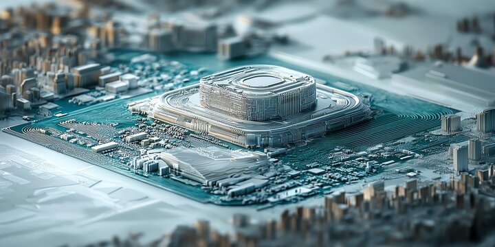 A futuristic city built on a computer chip with skyscrapers, roads, and a stadium in the center. - Powered by Adobe