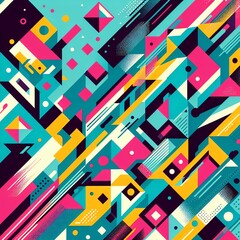 Bold geometric pattern featuring vibrant colors and dynamic shapes, ideal for modern design elements and artwork