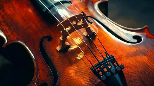A violin with a wooden bridge and a black string. The bridge is made of wood and the strings are black