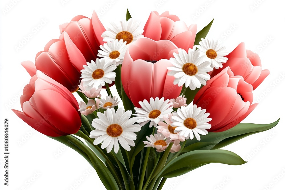 Poster flat 2d illustration of a bouquet of tulips and daisies in soft colors on a white background, cheerf
