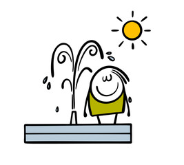Stickman climbed into street fountain, stands wet in the water and enjoys. Vector illustration of a hot day. Funny kid is thirsty. Isolated cartoon character on white background.