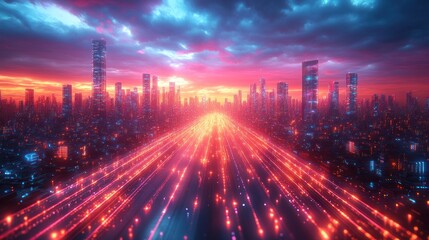 Fototapeta premium Futuristic cityscape with vibrant lights and a dynamic skyline.