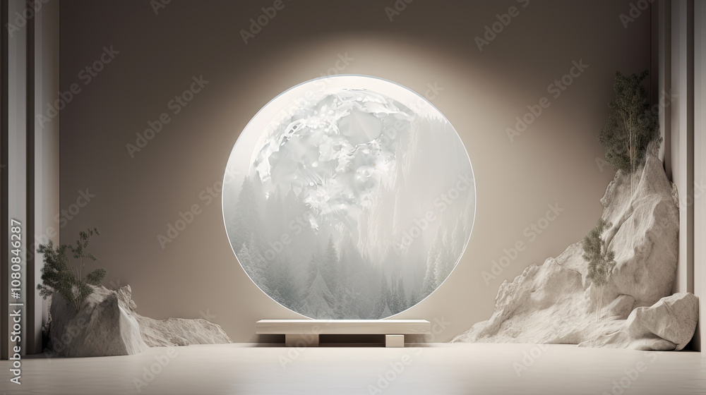Fototapete Interior with circular architecture form in 3D style. Abstract room with arc element and trees
