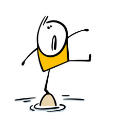 Cute unhappy child is balancing on one leg in the middle of a swamp. Vector illustration of a man standing on a hummock in the water. and he tries not to fall. Isolated character on white background.