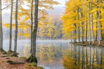 A forest with a lake in the background