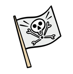 Hand drawn pirate flag flutters proudly in the wind. Vector illustration of the bandits symbol, skull and bones. A danger sign at sea. Isolated on white background.