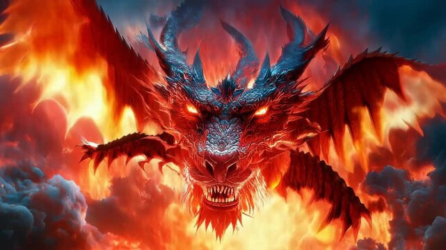 Fearsome red dragon with glowing eyes spreads its wings against a backdrop of fiery clouds and swirling smoke, embodying power and danger in a mythical realm
