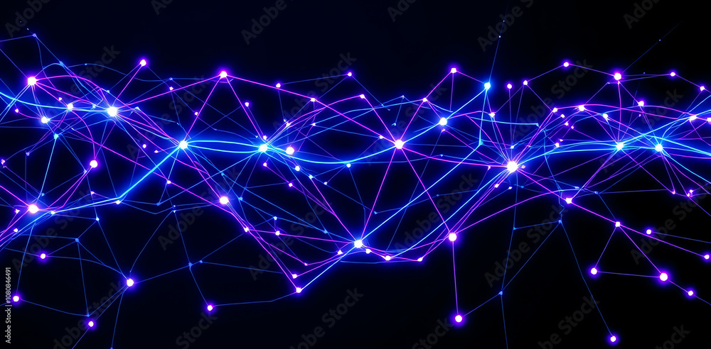 Poster a vibrant network of blue and purple lines interconnected with bright nodes against a dark backgroun