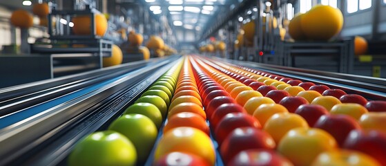 A vibrant production line showcasing a variety of colorful fruits moving along a conveyor belt in a modern facility, symbolizing efficiency and abundance.