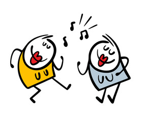 Two young girls are enjoying a modern dance. Vector illustration of a woman with big red lips relaxing to music. Isolated female cartoon characters on white background.