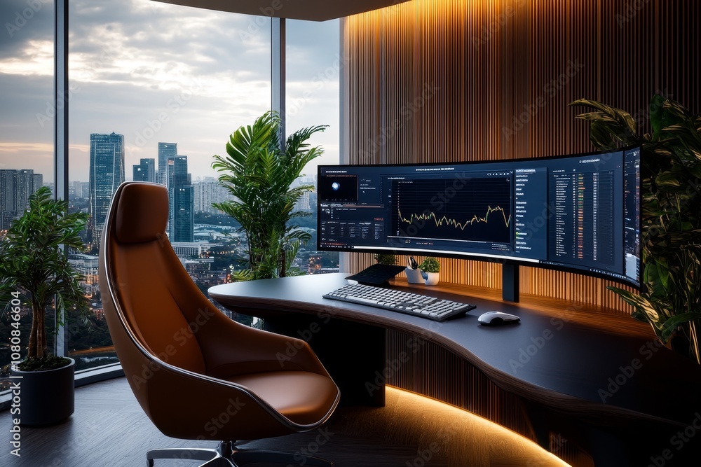 Poster Futuristic financial analyst workspace with virtual screens holograms and advanced tech displays