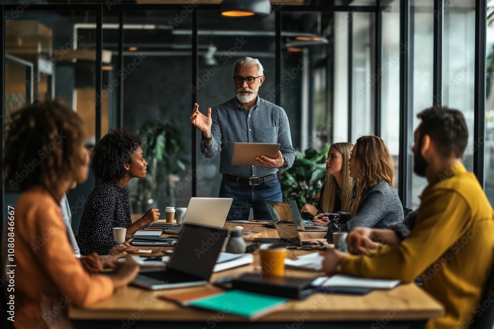Poster a dynamic and engaging business meeting is taking place in a modern office setting, focusing on brai