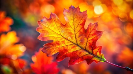 Fototapeta premium Vibrant Autumn Oak Leaf in Tilt-Shift Photography Style Showcasing the Warm Hues of Fall with Watercolor Drawing Aesthetic