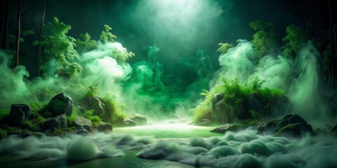 Obraz premium Enigmatic Vertical Landscape with Subtle Mist and Fog, Lush Green Screen Scene Featuring Animated Elements and Evocative Nature Aesthetics