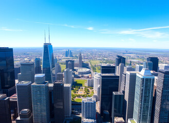 Obraz premium Aerial view of a modern city skyline showcasing tall buildings and expansive green parks under a clear blue sky