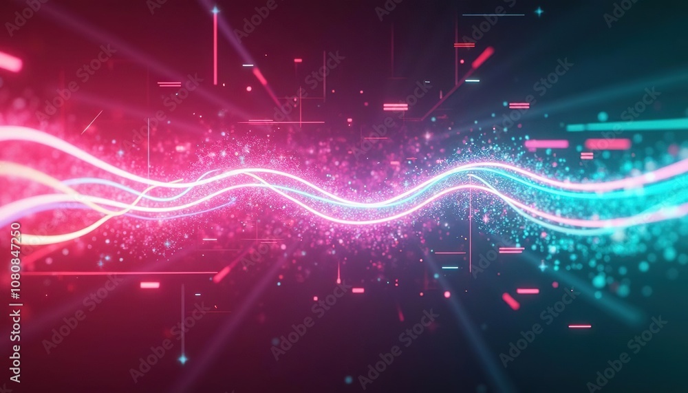 Poster abstract neon light waves and particles glowing on a dark background