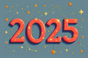 Numbers 2025 against the background of the sky, stars and constellations.