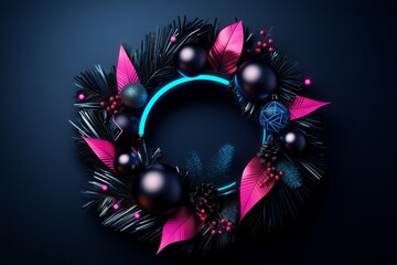 High-tech holiday wreath with metallic ornaments, neon accents, and a futuristic aesthetic