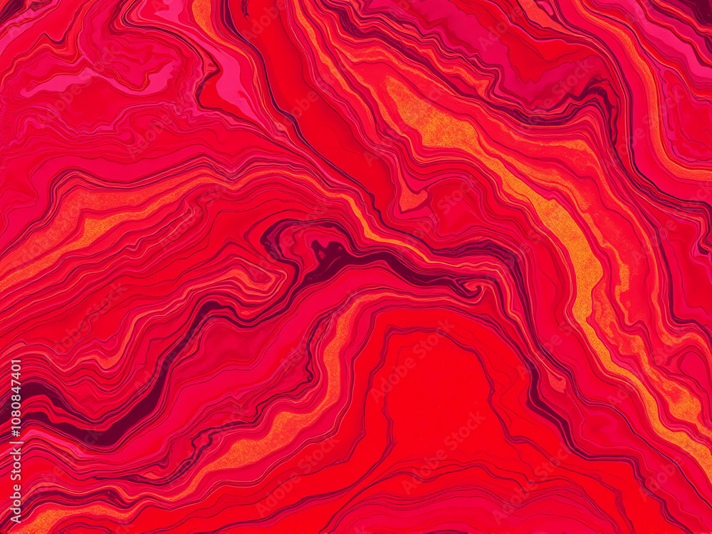 Poster vibrant red abstract swirl pattern with bold yellow and orange accents creating a striking visual ef