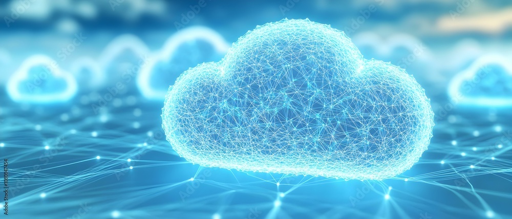 Aufkleber a digital illustration of a cloud network, represented by glowing lines and nodes, symbolizing cloud