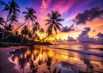 Stunning Silhouette of a Tropical Beach at Sunset with Palm Trees Against a Panoramic Sky Blending Colors of Orange, Pink, and Purple Reflections on Calm Waters