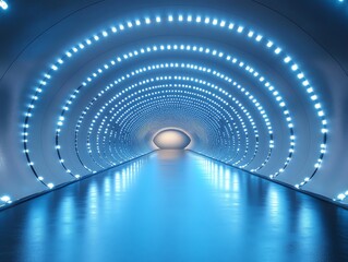 A futuristic tunnel with blue neon lights and a reflective floor.