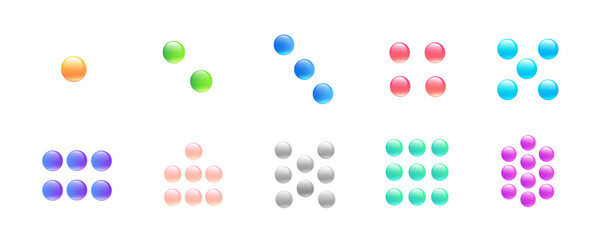 A set of images of numbers in the form of groups of multi-colored balls from one to ten. Suitable for teaching children counting and arithmetic.