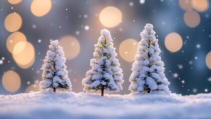 Winter Christmas background with small trees, lights, and snow
