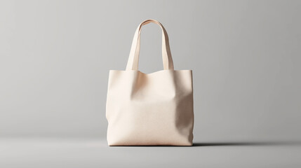 Minimalist beige tote bag with long handles on a plain gray background, showcasing an elegant and simple design, suitable for various uses like shopping or casual outings.