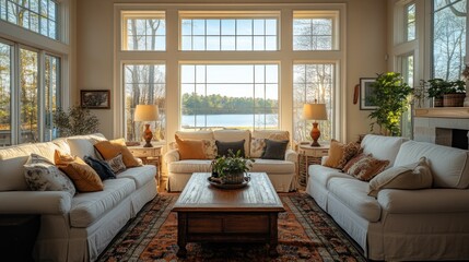 Obraz premium A Living Room with White Couches and a View of a Lake