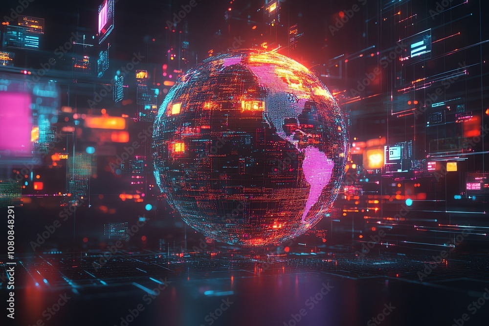 Poster a glowing digital globe surrounded by a vibrant network of data.