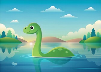Fototapeta premium Enchanting Minimalist Illustration of a Playful Green Monster in a Serene Loch Ness Setting, Capturing the Magic of Nature and Myth with Charming AI-Generated Artistry