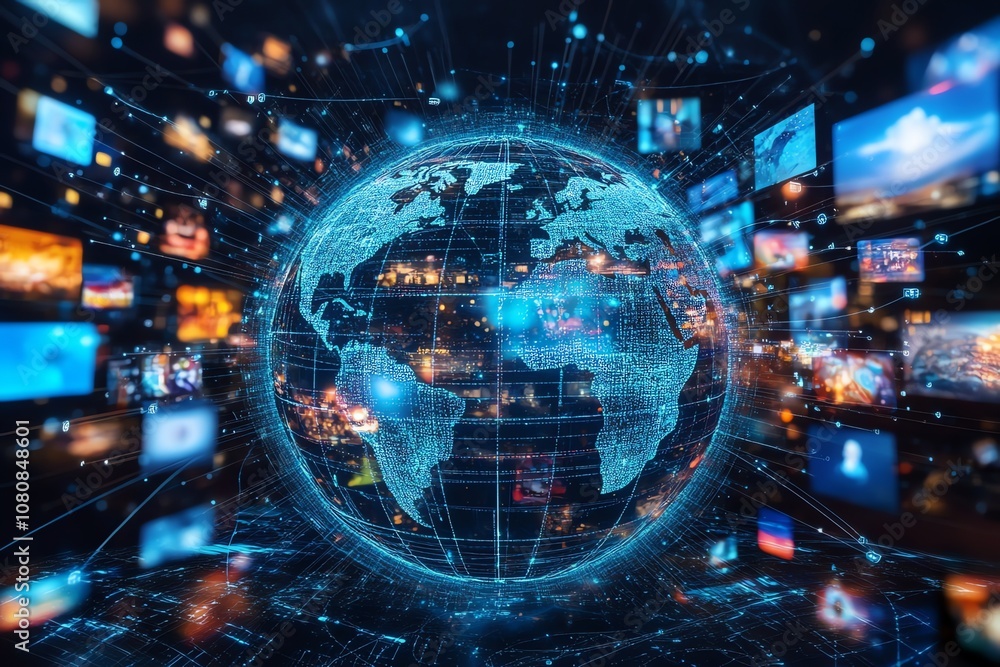 Poster A glowing digital globe surrounded by multiple images representing the global network of information and communication.
