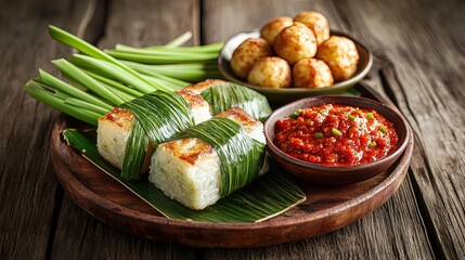A delicious platter featuring rice cakes, spicy sauce, and vegetables.