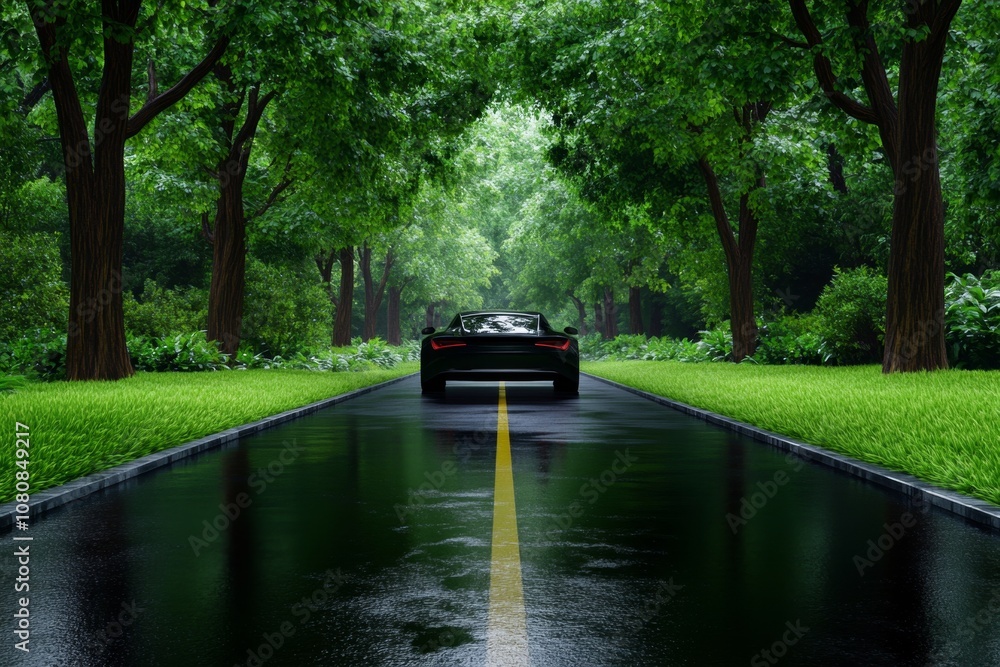 Poster minimalist straight road with abstract trees on each side, soft colors, and uncluttered design