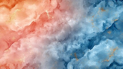 A vibrant abstract background featuring soft clouds in orange and blue hues with golden accents.