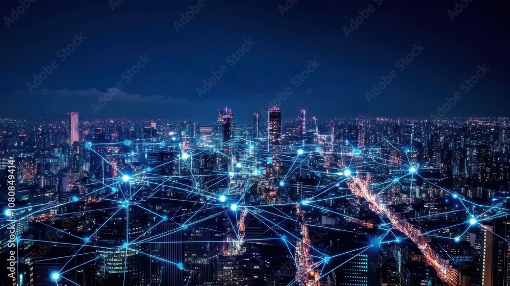 Aufkleber a city skyline connected by digital networks and data flow.