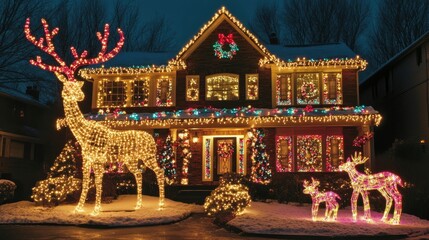 A charming farmhouse with elegant white lights, an evergreen garland draped across the porch, and a cozy holiday feel.