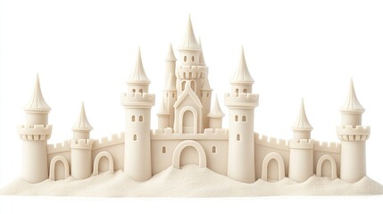A majestic sand castle crafted with intricate details, standing proudly against a pure white background in a high-definition view